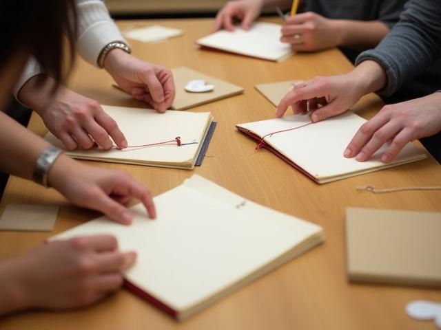 手漉き和紙と糸、道具がテーブルに並べられ、参加者が本を綴じる作業をしている