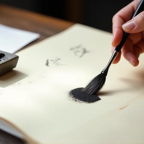 書道の筆と墨、半紙が並べられたワークショップの風景。