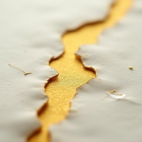 紙に金継ぎを施した補修跡のクローズアップ。光沢のある金色が印象的。