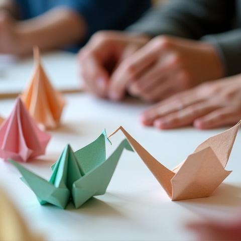 複雑な折り紙作品を指導する師匠と生徒たちの様子