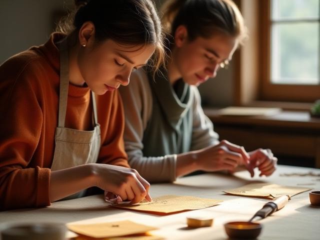 金継ぎワークショップの様子。講師が参加者に紙の補修方法を指導している。