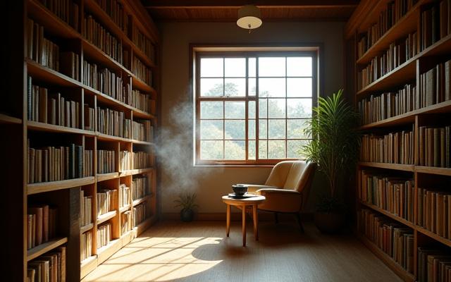 手作りの本が並ぶ静かな書斎の様子